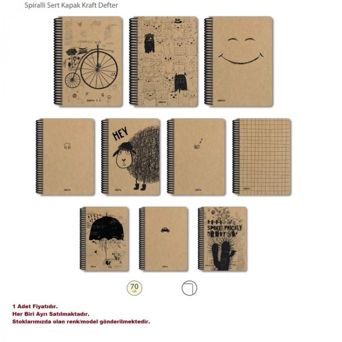PAPİRÜS  KRAFT SERT KAPAK SPİRALLİ 19X27 80YP. KARELİ DEFTER