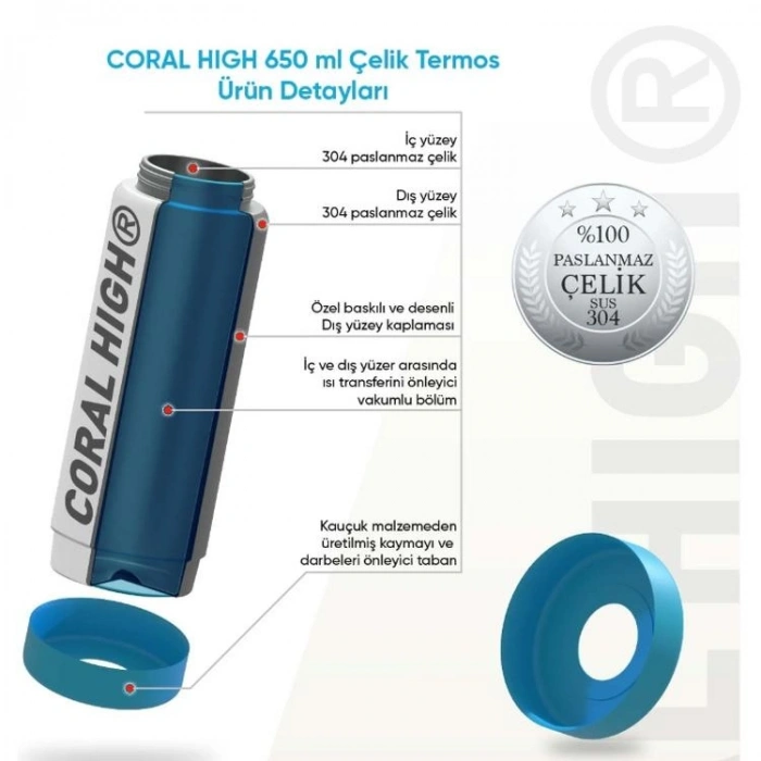 CORAL HIGH 38335 KIDS HIGH SİYAH GOAL DESENLİ PİPETLİ ÇELİK TERMOS 650ML