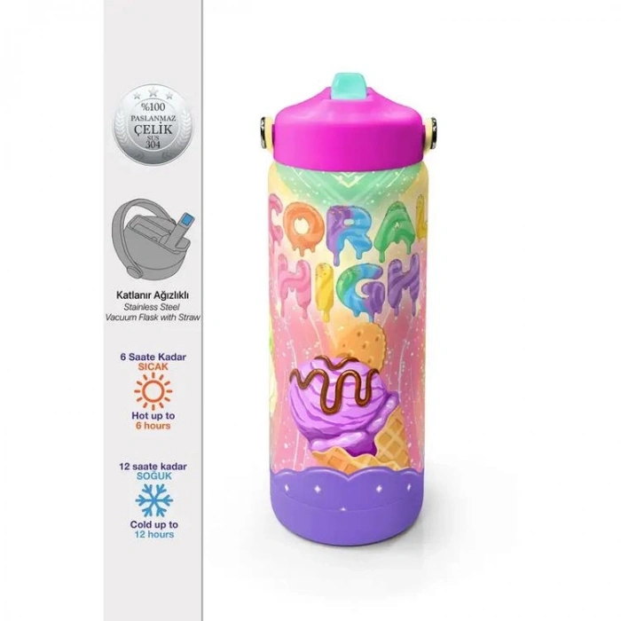 CORAL HIGH 38336 MİLKA ASTRONOT DESENLİ KATLANIR AĞIZLI PİPETLİ ÇELİK TERMOS 650ML