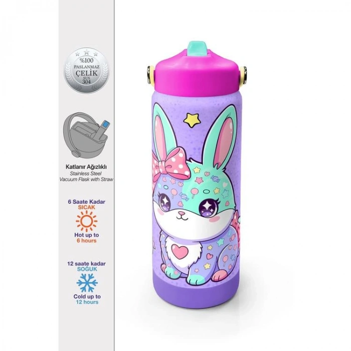 CORAL HIGH 38337 KIDS MİLKA SU YEŞİLİ TAVŞAN DESENLİ KATLANIR AĞIZLI PİPETLİ ÇELİK TERMOS 650ML