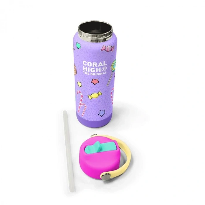 CORAL HIGH 38337 KIDS MİLKA SU YEŞİLİ TAVŞAN DESENLİ KATLANIR AĞIZLI PİPETLİ ÇELİK TERMOS 650ML