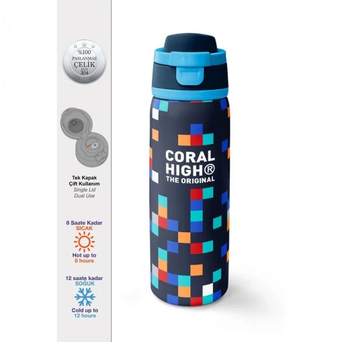 CORAL HIGH 38513 KIDS HIGH LACİVERT GEOMETRİK DESENLİ PİPETLİ VE DİREKT İÇİM ÇELİK TERMOS 800ML
