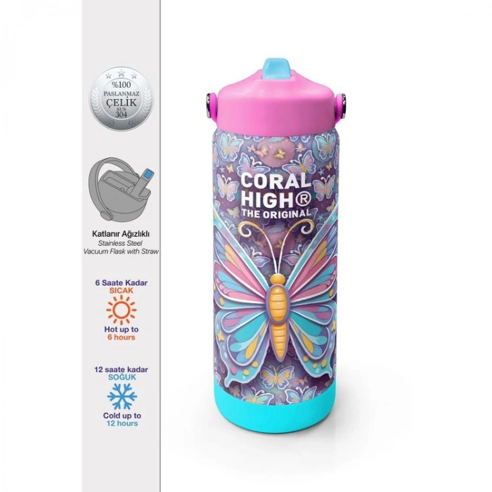CORAL HIGH 38306 KIDS PASTEL RENKLİ KELEBEK DESENLİ KATLANIR AĞIZLI PİPETLİ ÇELİK TERMOS 650ML