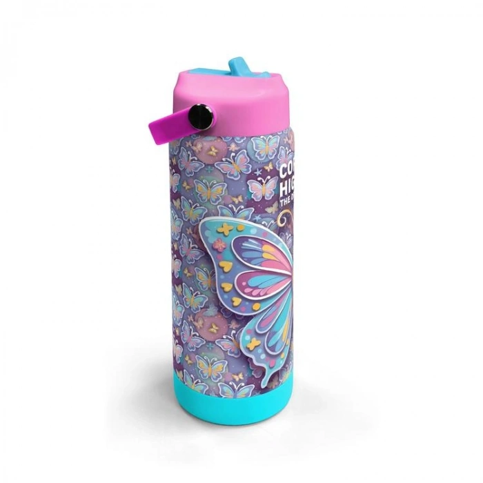CORAL HIGH 38306 KIDS PASTEL RENKLİ KELEBEK DESENLİ KATLANIR AĞIZLI PİPETLİ ÇELİK TERMOS 650ML
