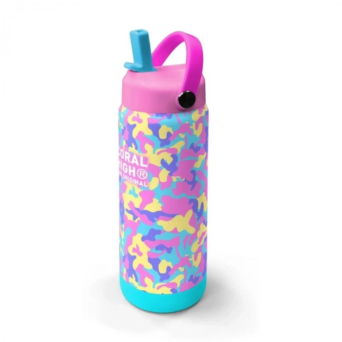 CORAL HIGH 38301 KIDS SARI PEMBE LAVANTA KAMUFLAJ DESENLİ KATLANIR AĞIZLI PİPETLİ ÇELİK TERMOS 650ML