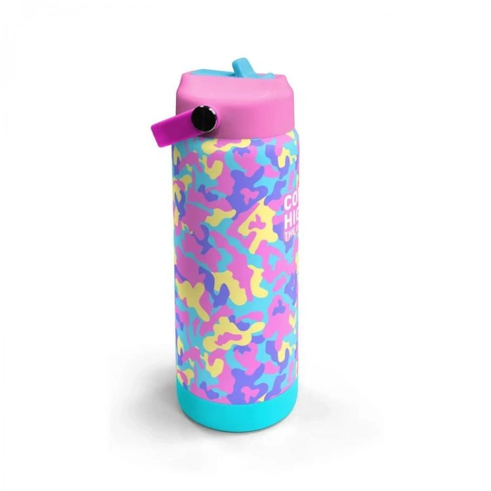 CORAL HIGH 38301 KIDS SARI PEMBE LAVANTA KAMUFLAJ DESENLİ KATLANIR AĞIZLI PİPETLİ ÇELİK TERMOS 650ML