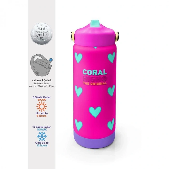 CORAL HIGH 38376 KIDS NEON PEMBE SU YEŞİLİ KALP DESENLİ KATLANIR AĞIZLI PİPETLİ ÇELİK TERMOS 650ML