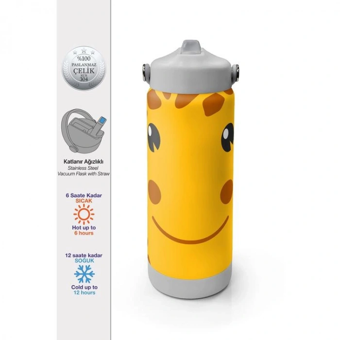 CORAL HIGH 38344 KIDS ZÜRAFA DESENLİ KATLANIR AĞIZLI PİPETLİ ÇELİK TERMOS 650ML