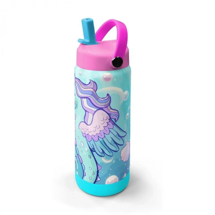 CORAL HIGH 38338 KIDS UNICORN DENİZATI DESENLİ KATLANIR AĞIZLI PİPETLİ ÇELİK TERMOS 650ML