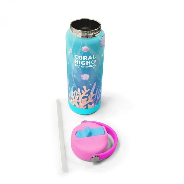 CORAL HIGH 38338 KIDS UNICORN DENİZATI DESENLİ KATLANIR AĞIZLI PİPETLİ ÇELİK TERMOS 650ML