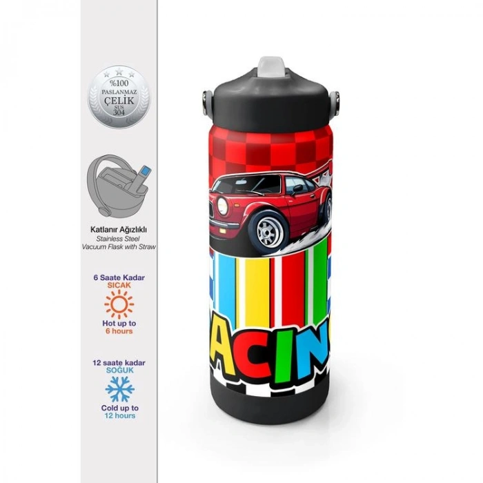 CORAL HIGH 38339 KIDS KIRMIZI ARABA DESENLİ KATLANIR AĞIZLI PİPETLİ ÇELİK TERMOS 650ML