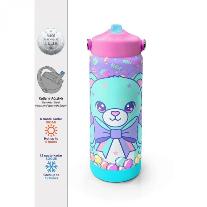 CORAL HIGH 38305 KIDS MİLKA ŞEKER AYICIK DESENLİ KATLANIR AĞIZLI PİPETLİ ÇELİK TERMOS 650ML
