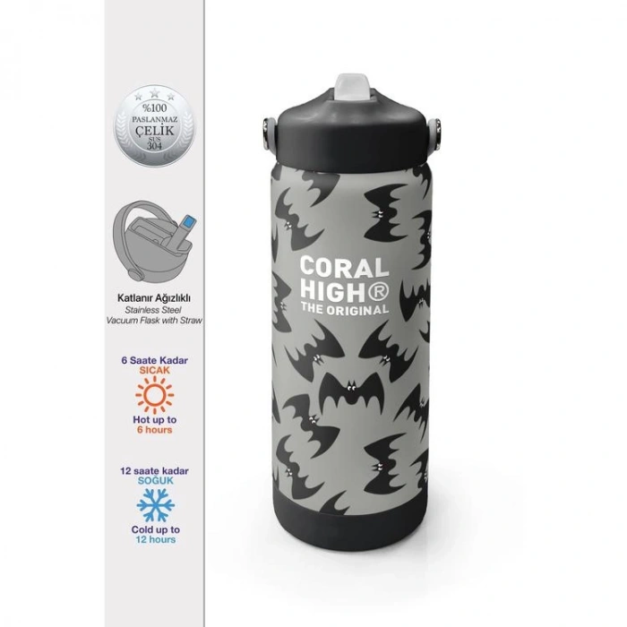 CORAL HIGH 38326 GRİ SİYAH YARASA DESENLİ KATLANIR AĞIZLI PİPETLİ ÇELİK TERMOS 650ML