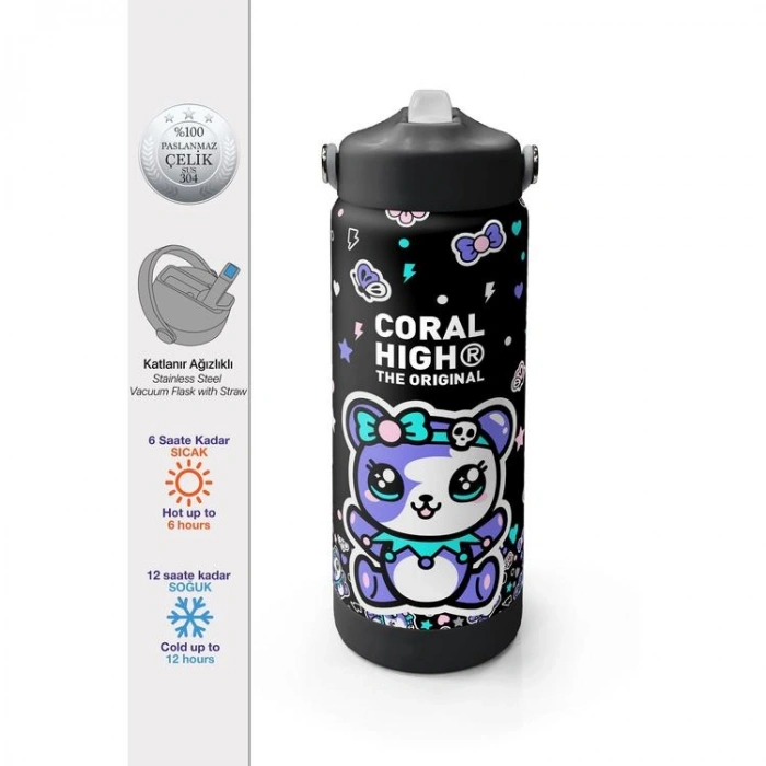 CORAL HIGH 38324 KIDS SİYAH AYICIK DESENLİ KATLANIR AĞIZLI PİPETLİ ÇELİK TERMOS 650ML