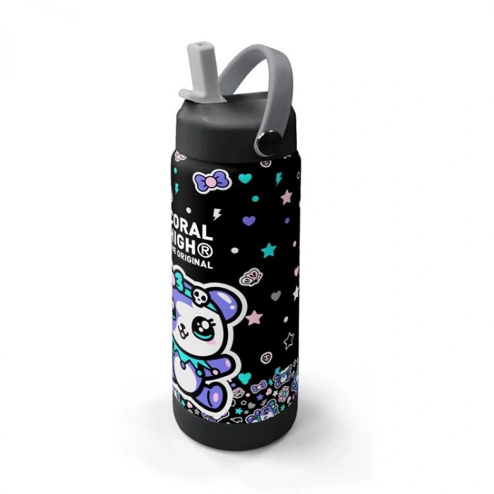 CORAL HIGH 38324 KIDS SİYAH AYICIK DESENLİ KATLANIR AĞIZLI PİPETLİ ÇELİK TERMOS 650ML