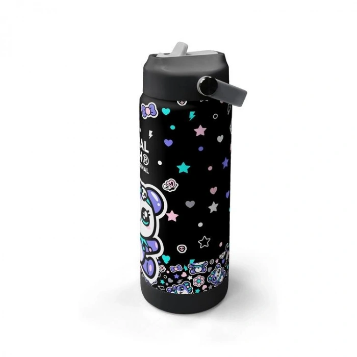 CORAL HIGH 38324 KIDS SİYAH AYICIK DESENLİ KATLANIR AĞIZLI PİPETLİ ÇELİK TERMOS 650ML