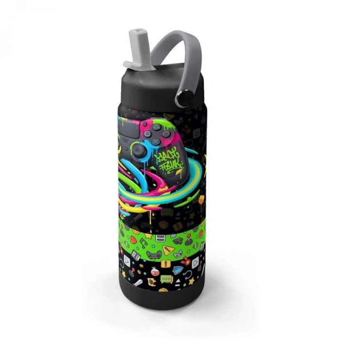 CORAL HIGH 38340 KIDS SİYAH GAMER DESENLİ KATLANIR AĞIZLI PİPETLİ ÇELİK TERMOS 650ML