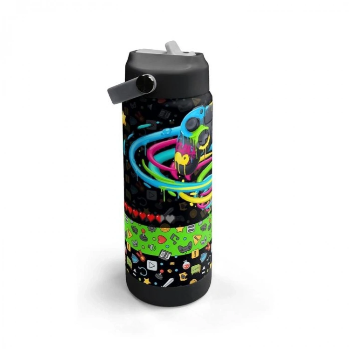 CORAL HIGH 38340 KIDS SİYAH GAMER DESENLİ KATLANIR AĞIZLI PİPETLİ ÇELİK TERMOS 650ML