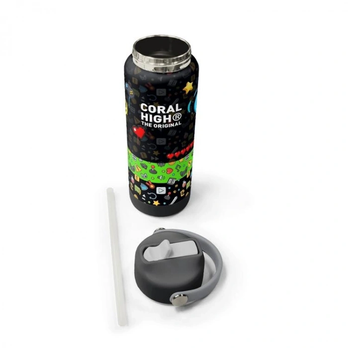 CORAL HIGH 38340 KIDS SİYAH GAMER DESENLİ KATLANIR AĞIZLI PİPETLİ ÇELİK TERMOS 650ML