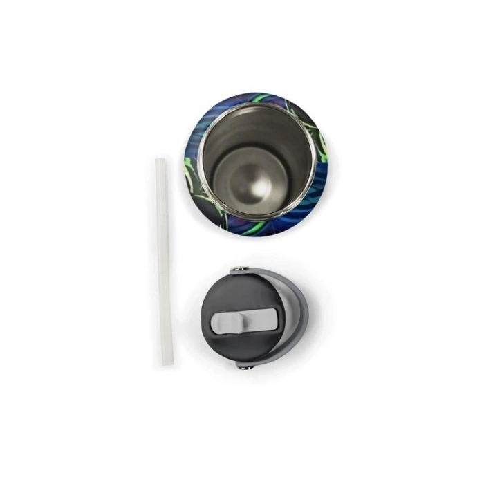 CORAL HIGH 38341 KIDS SİYAH ÇOK RENKLİ YARIŞ ARABASI DESENLİ KATLANIR AĞIZLI PİPETLİ ÇELİK TERMOS 650ML