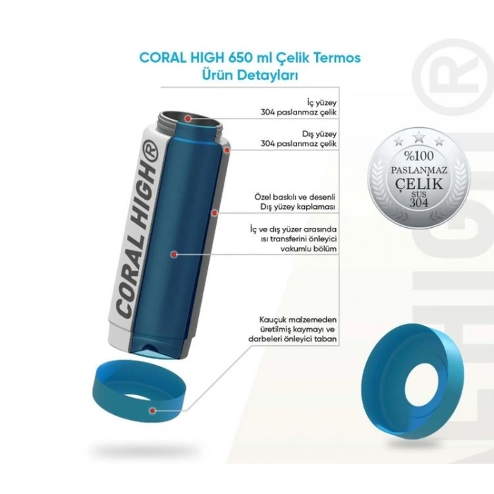 CORAL HIGH 38316 KIDS CRAFT DESENLİ KATLANIR AĞIZLI PİPETLİ ÇELİK TERMOS 650ML