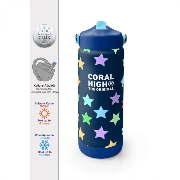 CORAL HIGH 38309 KIDS LACİVERT RENKLİ YILDIZ DESENLİ KATLANIR AĞIZLI PİPETLİ ÇELİK TERMOS 650ML