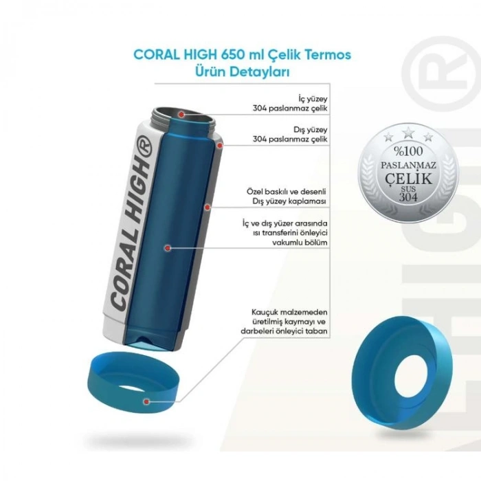CORAL HIGH 38309 KIDS LACİVERT RENKLİ YILDIZ DESENLİ KATLANIR AĞIZLI PİPETLİ ÇELİK TERMOS 650ML