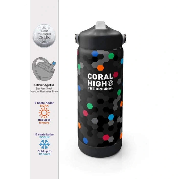 CORAL HIGH 38310 KIDS SİYAH RENKLİ PETEK DESENLİ KATLANIR AĞIZLI PİPETLİ ÇELİK TERMOS 650ML