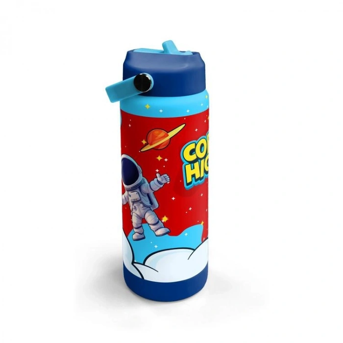 CORAL HIGH 38327 KIDS KIRMIZI MAVİ ASTRONOT UZAY DESENLİ KATLANIR AĞIZLI PİPETLİ ÇELİK TERMOS 650ML