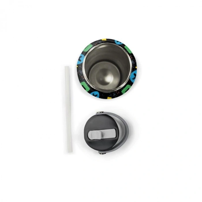 CORAL HIGH 38314 KIDS SİYAH LETS PLAY DESENLİ KATLANIR AĞIZLI PİPETLİ ÇELİK TERMOS 650ML