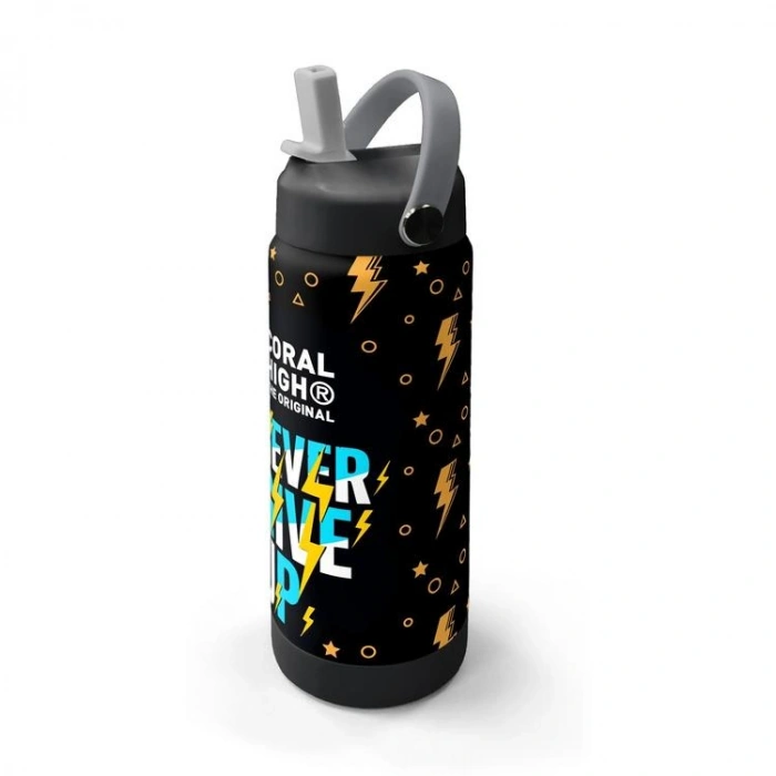 CORAL HIGH 38320 KIDS SİYAH NEVER GIVE UP DESENLİ KATLANIR AĞIZLI PİPETLİ ÇELİK TERMOS 650ML