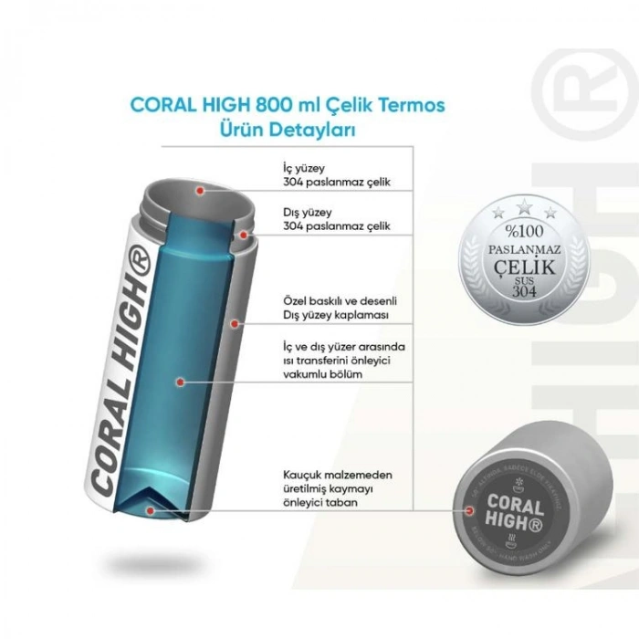 CORAL HIGH 38510 KIDS RENKLİ KAMUFLAJ DESENLİ PİPETLİ VE DİREKT İÇİM ÇELİK TERMOS 800ML