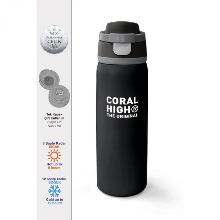 CORAL HIGH 38518 KIDS SİYAH PİPETLİ VE DİREKT İÇİM ÇELİK TERMOS 800ML