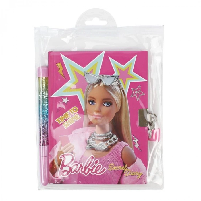 CEM BARBIE B-2401 RENKLİ PULLU KALEM + 13X18cm ÇİZGİLİ KİLİTLİ HATIRA DEFTERİ SET
