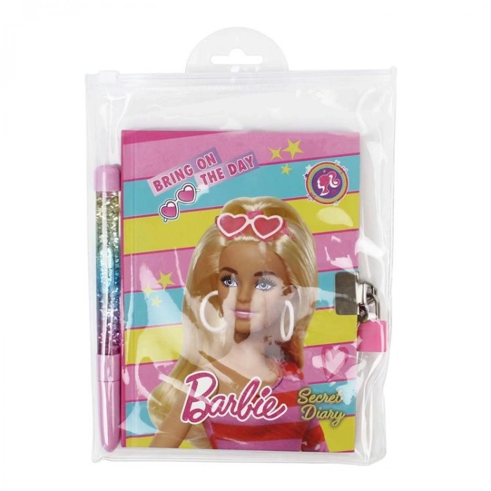 CEM BARBIE B-2401 RENKLİ PULLU KALEM + 13X18cm ÇİZGİLİ KİLİTLİ HATIRA DEFTERİ SET