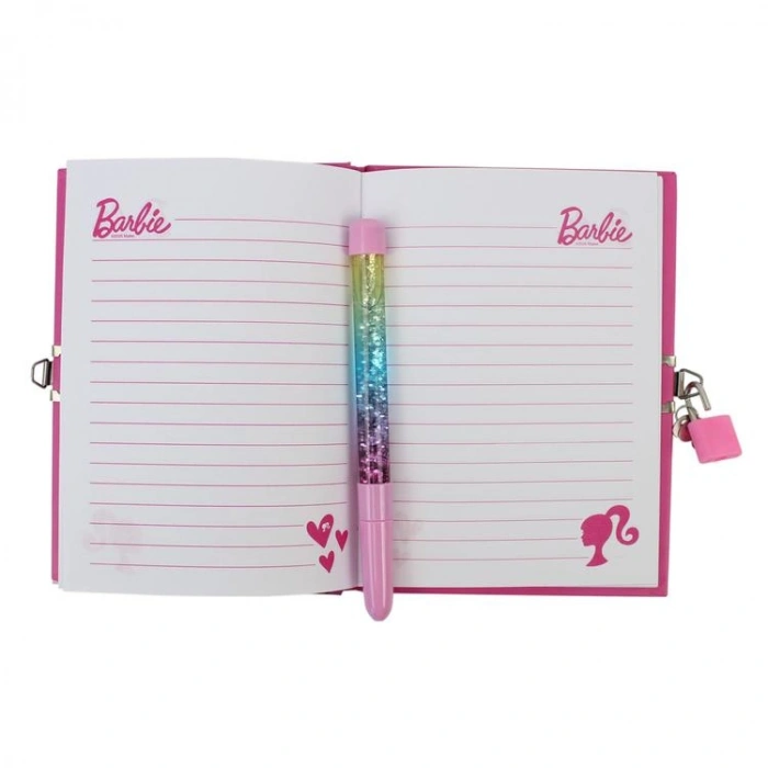 CEM BARBIE B-2401 RENKLİ PULLU KALEM + 13X18cm ÇİZGİLİ KİLİTLİ HATIRA DEFTERİ SET