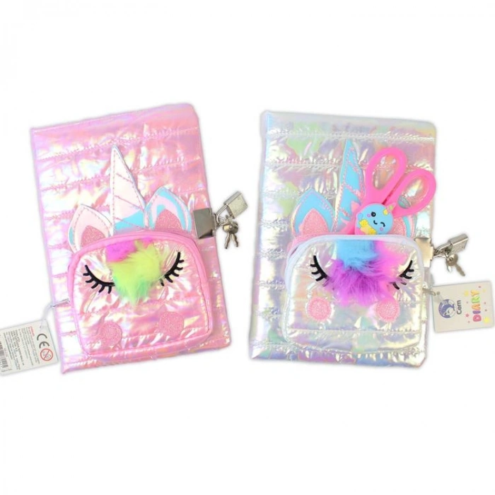 CEM DOLPHIN NB-4195 HOLOGRAM UNİCORN ÖN FERMUAR BÖLMELİ 14X21cm ÇİZGİLİ KİLİTLİ HATIRA DEFTERİ SET