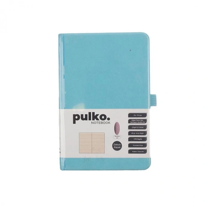 PULKO PND040  SERT KAPAK 9x14cm 80gr.176 SAYFA TERMO DERİ ÇİZGİLİ NOT DEFTER - BUZ MAVİSİ