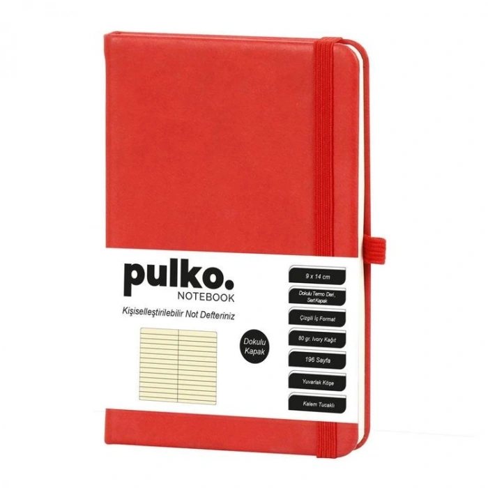PULKO PND036 KLASİK SERT KAPAK 9x14cm 80gr.196 SAYFA TERMO DERİ ÇİZGİLİ NOT DEFTER - KIRMIZI