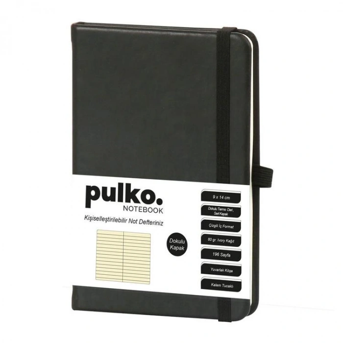 PULKO PND036 KLASİK SERT KAPAK 9x14cm 80gr.196 SAYFA TERMO DERİ ÇİZGİLİ NOT DEFTER - SİYAH