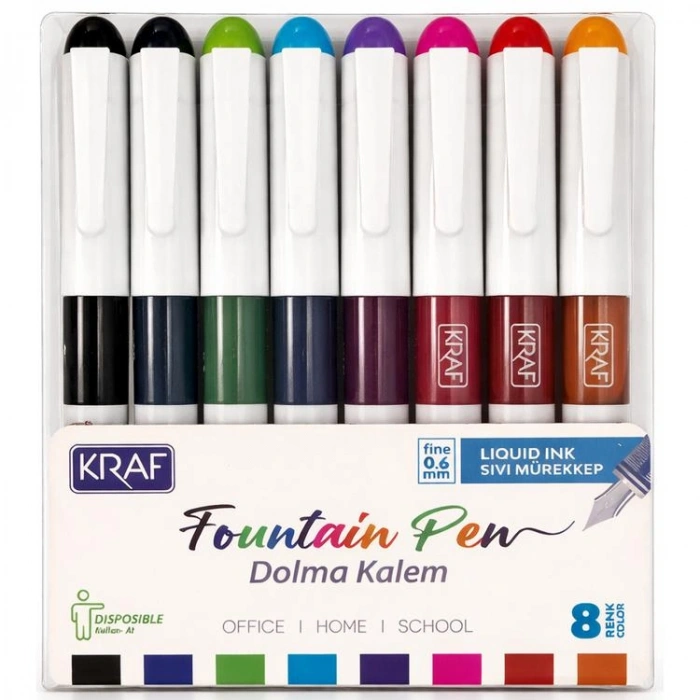 KRAF 303 KULLAN AT FINE 0.6mm DOLMA KALEM SETİ 8 Lİ (8 RENK) TEK PAKET