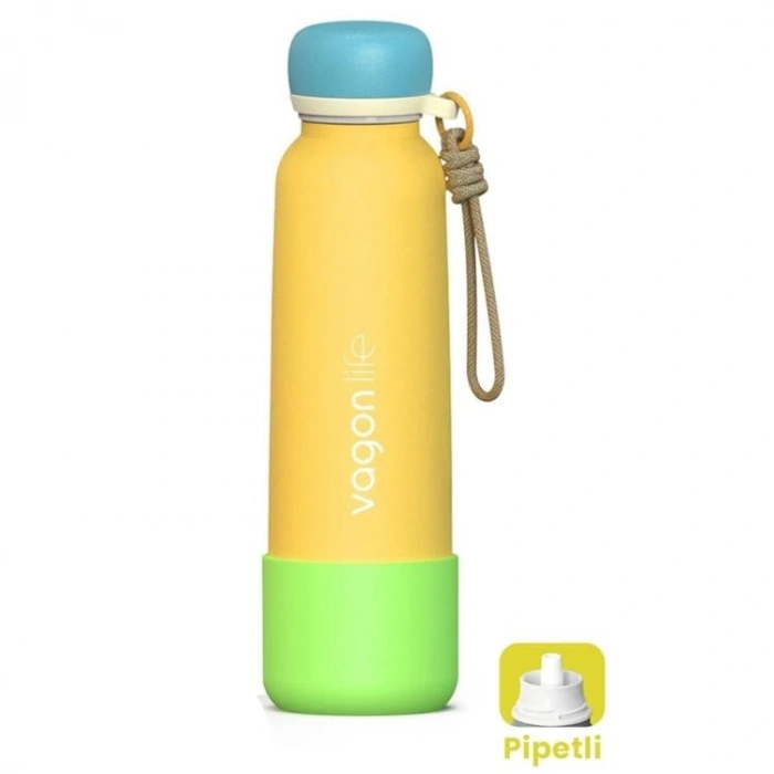 VAGONLİFE ÇELİK PİPETLİ KULLANIM İP EL ASKILI MATARA/TERMOS  VGN1106 750ML  - SARI