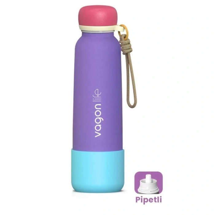 VAGONLİFE ÇELİK PİPETLİ KULLANIM İP EL ASKILI MATARA/TERMOS  VGN1106 750ML  - MOR