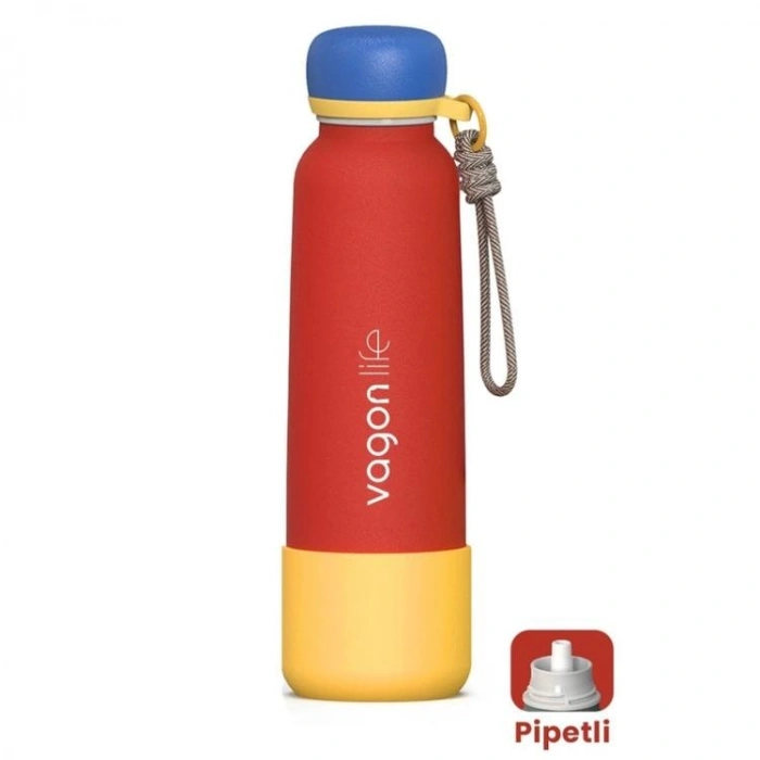 VAGONLİFE ÇELİK PİPETLİ KULLANIM İP EL ASKILI MATARA/TERMOS  VGN1106 750ML  - KIRMIZI