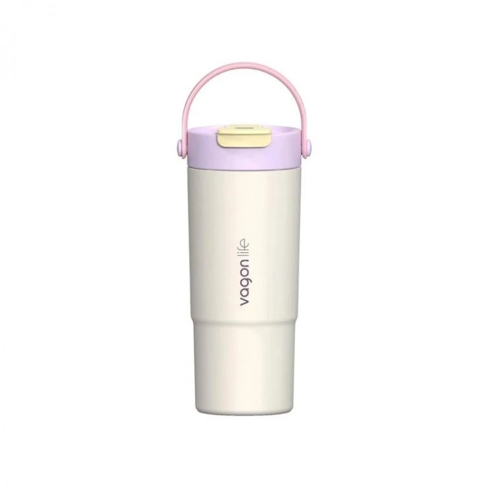 VAGONLİFE ÇELİK PİPETLİ/PİPETSİZ KULLANIM SİLİKON EL ASKILI MATARA/TERMOS VGN1102 660ML  - KREM