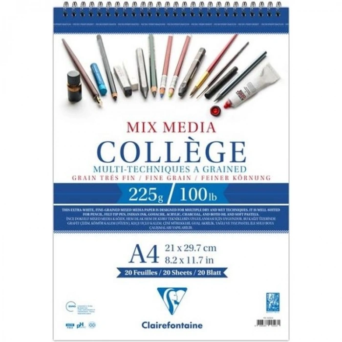 ESMO MX92523 CLAIREFONTAINE MIX MEDIA COLLAGE ÇOK AMAÇLI SPİRALLİ RESİM DEFTERİ/BLOK A4 225GR 20YP.