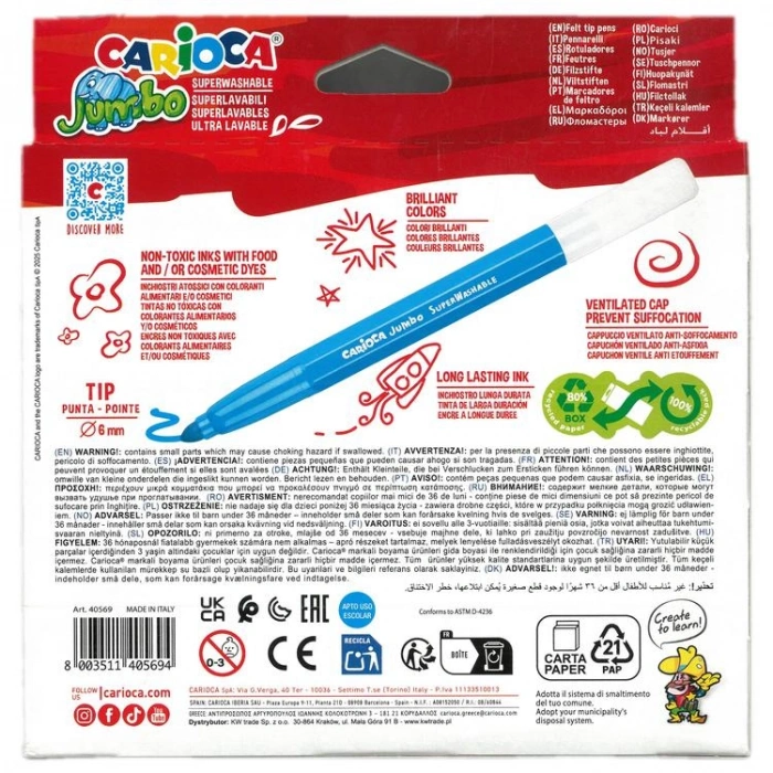 CARIOCA 40569 JUMBO YIKANABİLİR 6mm KEÇELİ BOYA KALEMİ 12Lİ