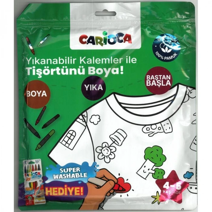 CARİOCA LN-80006 BOYANABİLİR KISA KOL TİŞÖRT - YIKANABİLİR HEDİYELİ KEÇELİ KALEMLER İLE TİŞÖRTÜNÜ BOYA! 4-5 YAŞ
