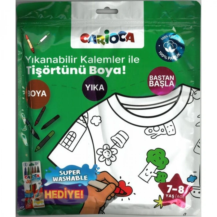 CARİOCA LN-80009 BOYANABİLİR KISA KOL TİŞÖRT - YIKANABİLİR HEDİYELİ KEÇELİ KALEMLER İLE TİŞÖRTÜNÜ BOYA! 7-8 YAŞ