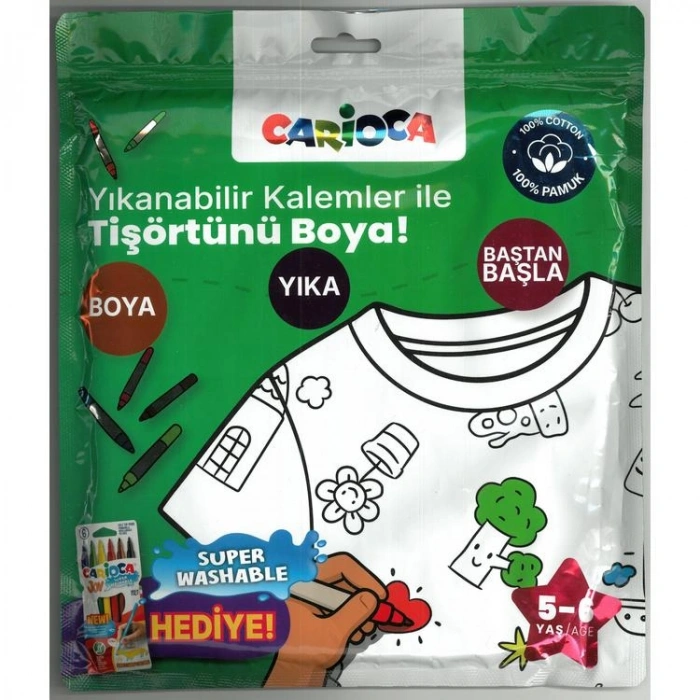 CARİOCA LN-80007 BOYANABİLİR KISA KOL TİŞÖRT - YIKANABİLİR HEDİYELİ KEÇELİ KALEMLER İLE TİŞÖRTÜNÜ BOYA! 5-6 YAŞ
